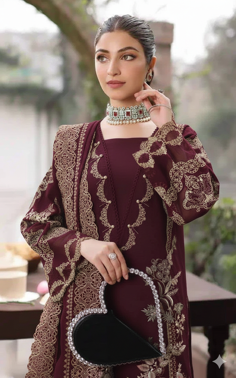 KAHF WINE RED 3PC UNSTITCHED EMBROIDERED