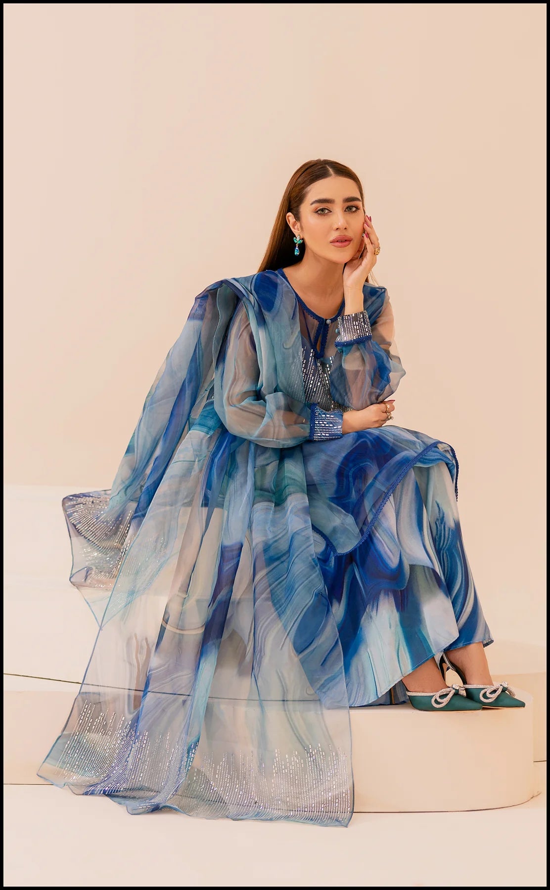 AZMIN SERENE BLUE ORGANZA DIGITAL PRINT STONE WORK 4 PIECE DRESS - J1017
