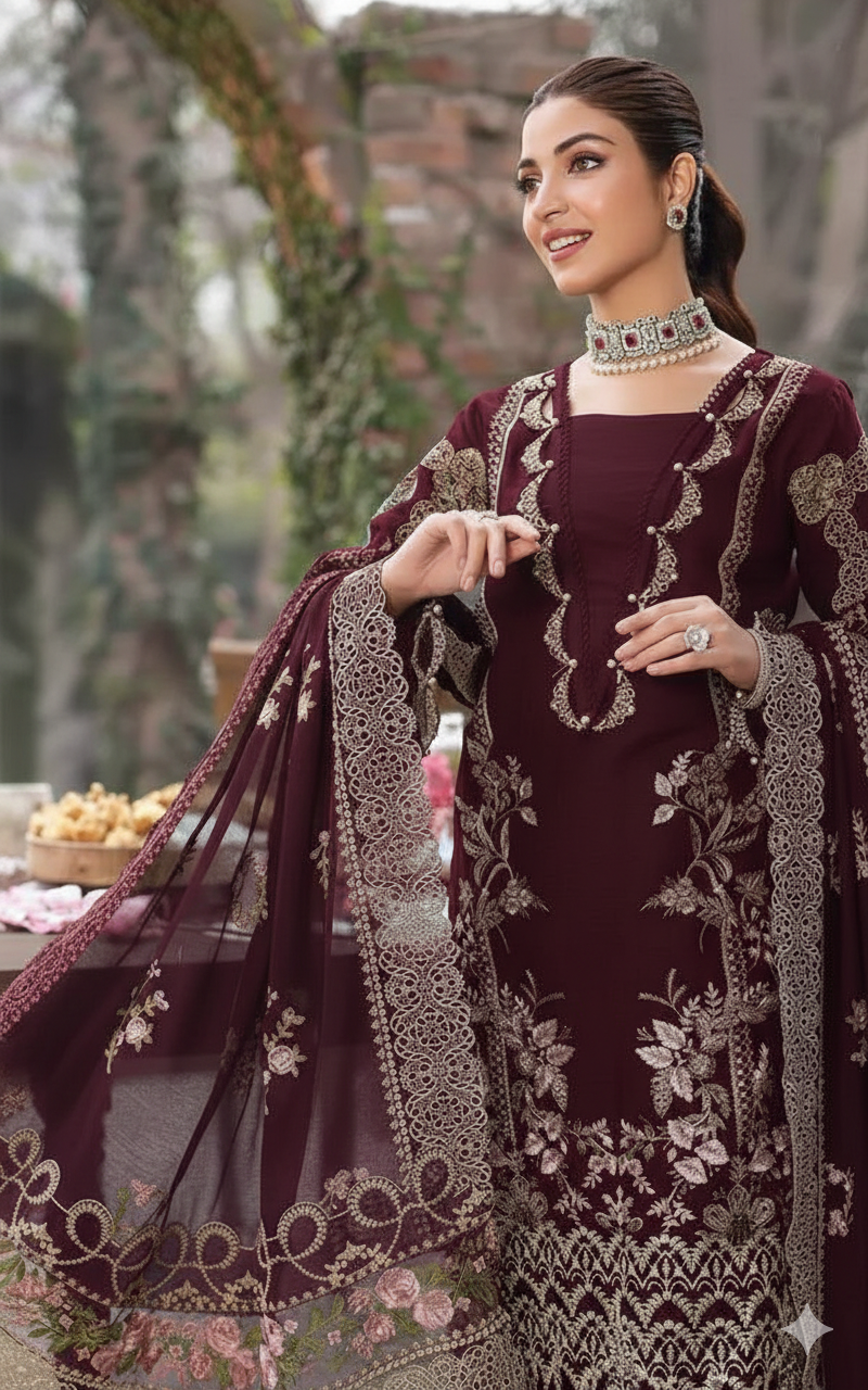 KAHF WINE RED 3PC UNSTITCHED EMBROIDERED