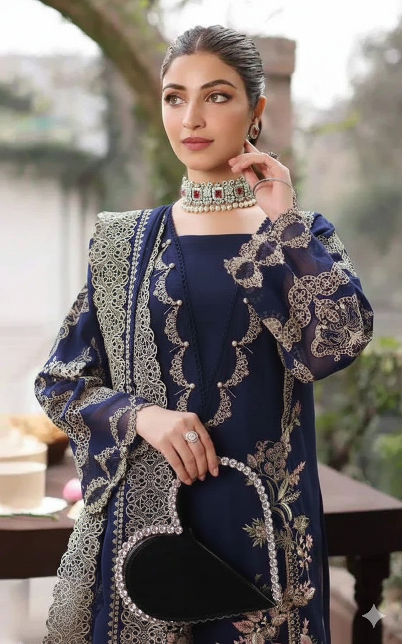 KAHF BLUE 3 LUXE UNSTITCHED EMBROIDERED