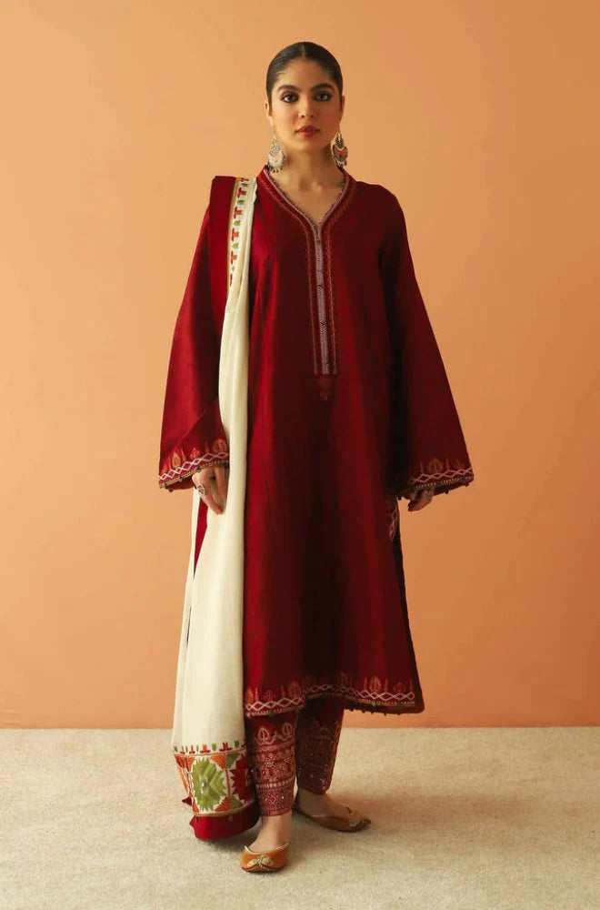 Zara Shah Jahan - 3PC Unstitched Dhanak Embroidered Shirt with Embroidered Back and Pashmina Printed Shawl