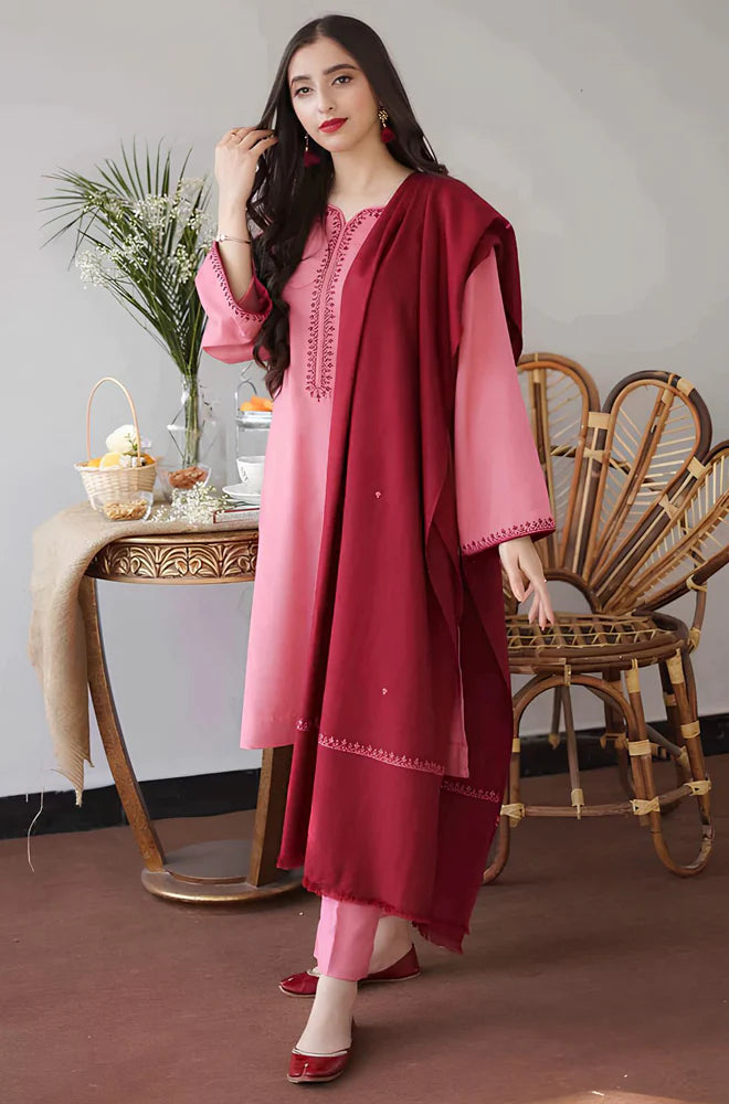 WINTER 3PC Dhanak suit with Embroidered Shawll