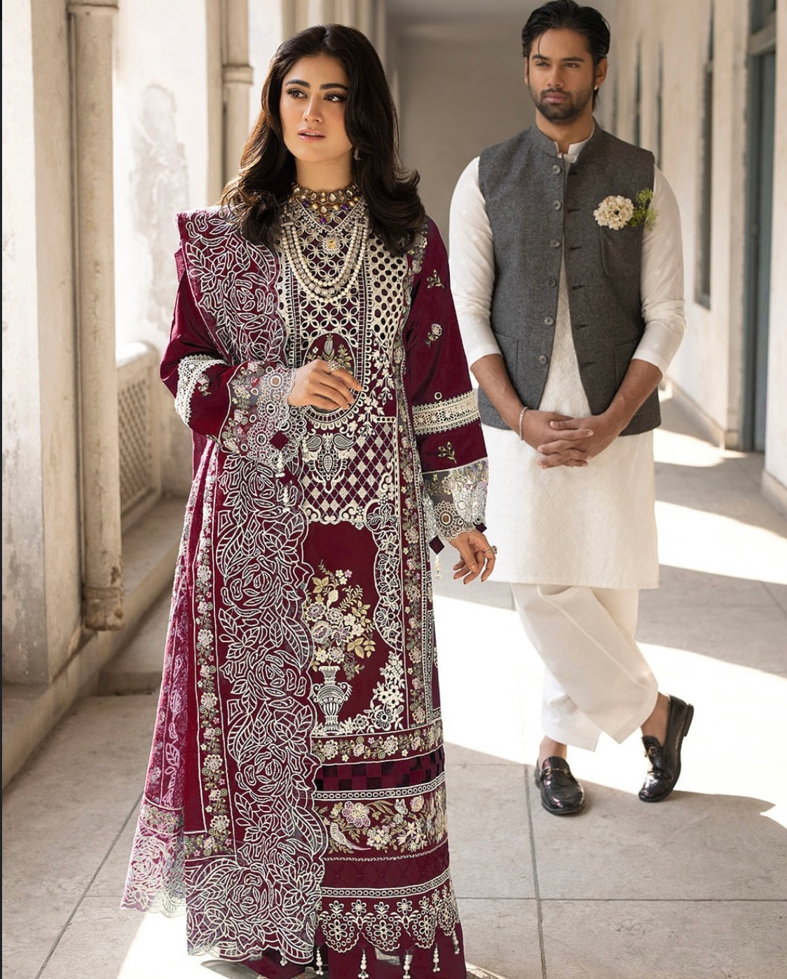 MAHNOOR WINE RED 3PC LAWN UNSTITCHED LUXURY EMBROIDERED 
Code:18