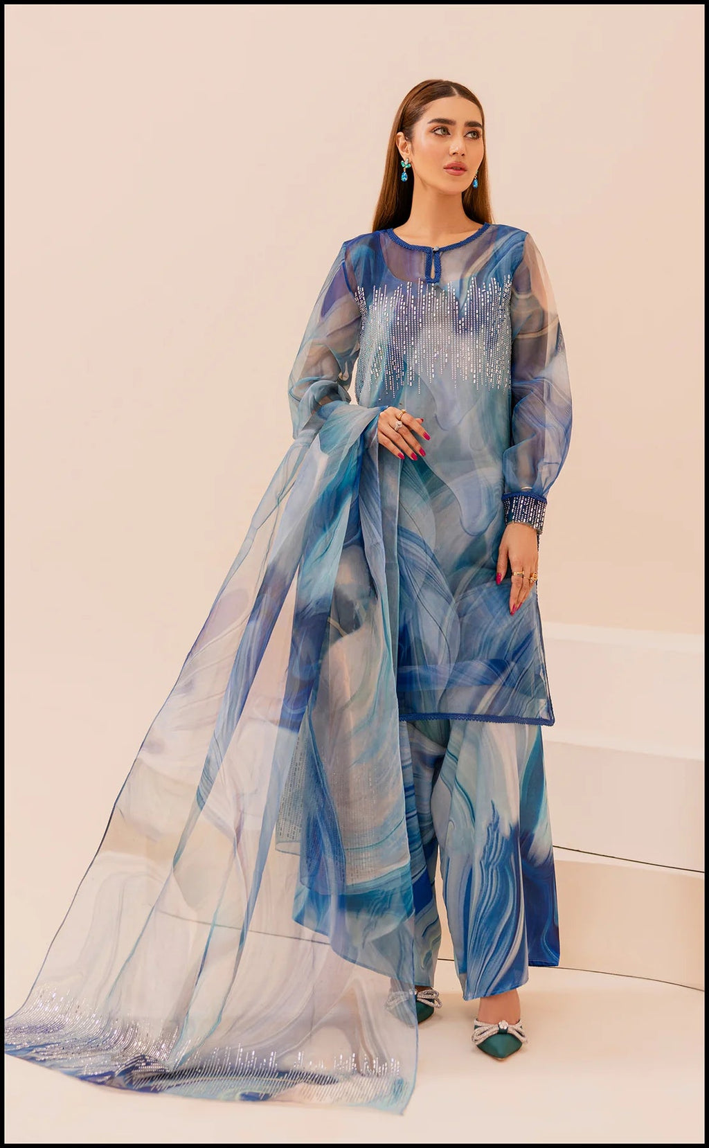 AZMIN SERENE BLUE ORGANZA DIGITAL PRINT STONE WORK 4 PIECE DRESS - J1017
