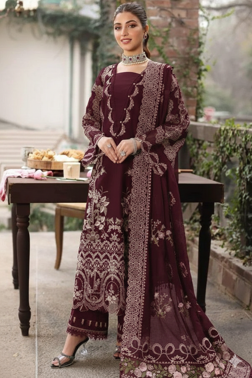 KAHF WINE RED 3PC UNSTITCHED EMBROIDERED