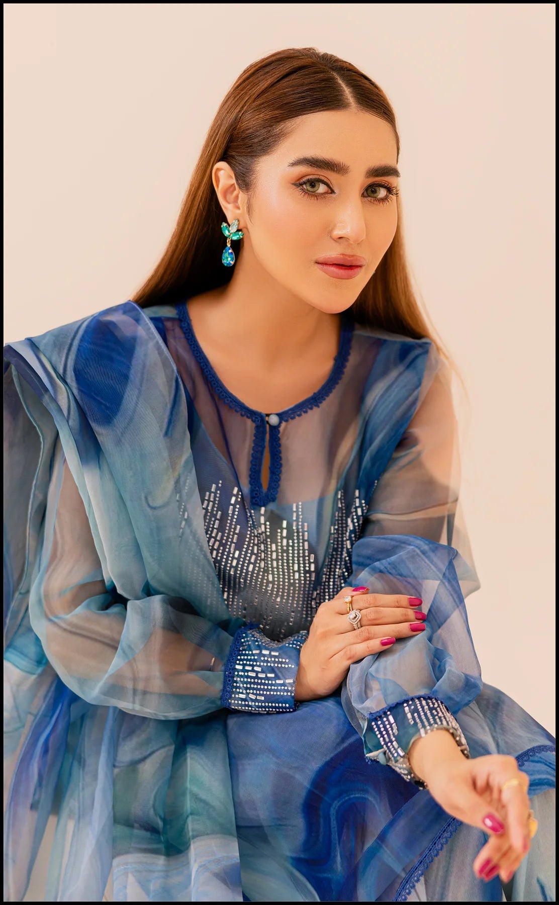 AZMIN SERENE BLUE ORGANZA DIGITAL PRINT STONE WORK 4 PIECE DRESS - J1017