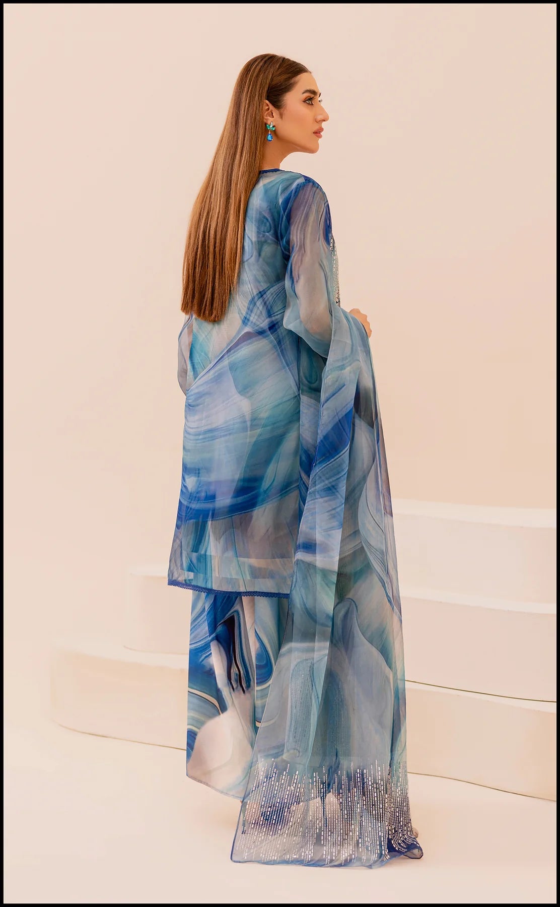 AZMIN SERENE BLUE ORGANZA DIGITAL PRINT STONE WORK 4 PIECE DRESS - J1017