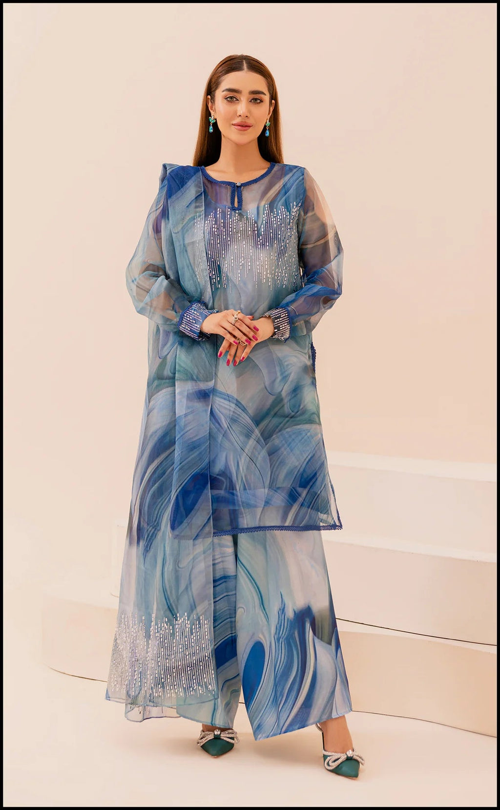 AZMIN SERENE BLUE ORGANZA DIGITAL PRINT STONE WORK 4 PIECE DRESS - J1017