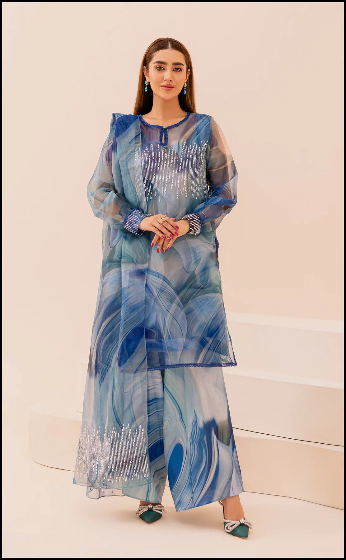 AZMIN SERENE BLUE ORGANZA DIGITAL PRINT STONE WORK 4 PIECE DRESS - J1017