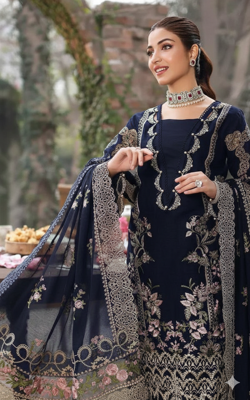 KAHF BLUE 3 LUXE UNSTITCHED EMBROIDERED