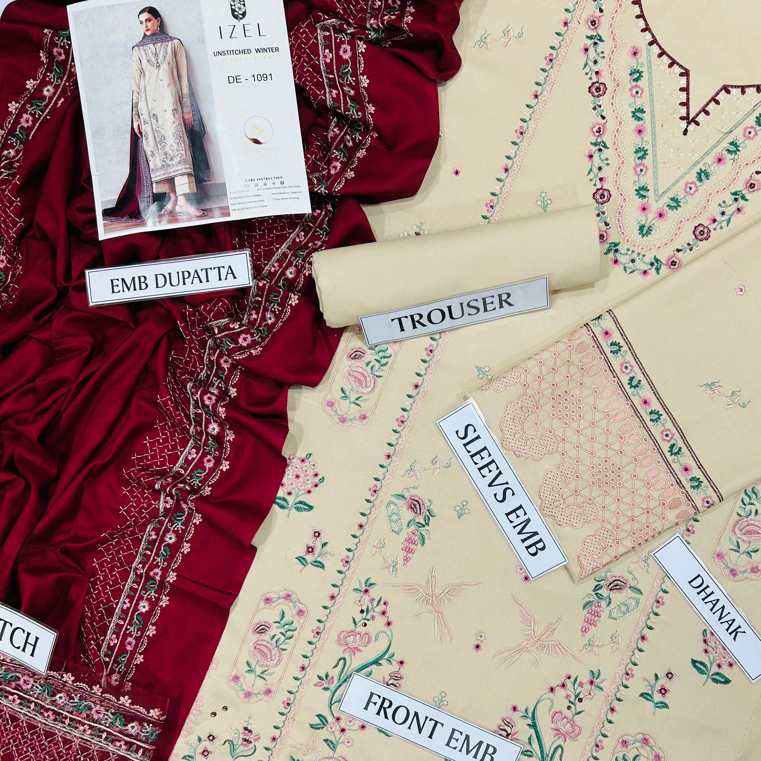 IZEL 3PC UNSTITCHED EMBROIDERED