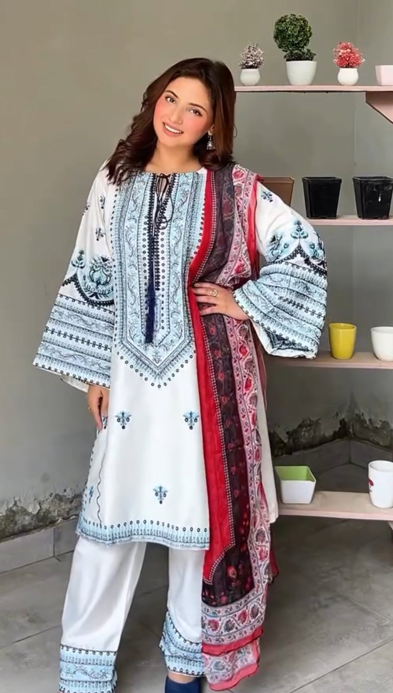 Jugnu By Hussain Rehar -3PC DHANAK EMBROIDERED SHIRT WITH PRINTED SHAWL AND TROUSER- RAWI