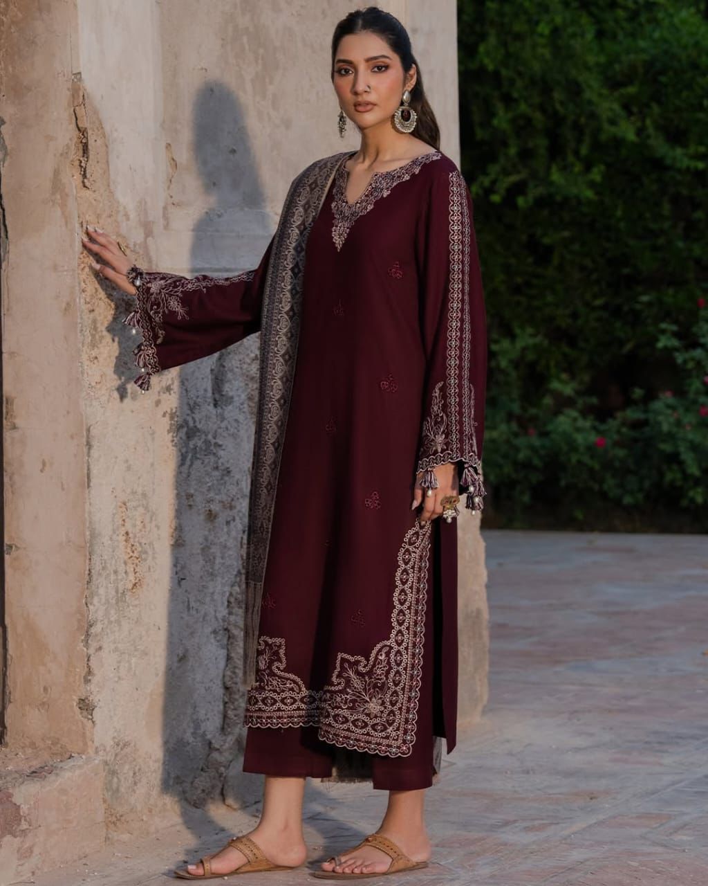 IZEL-3PC DHANAK EMBROIDERED SHIRT WITH COURTRAI PRINTED SHAWL AND TROUSER