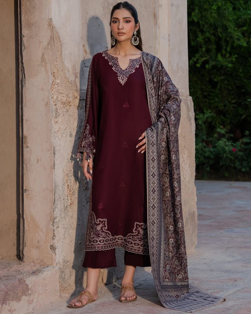 IZEL-3PC DHANAK EMBROIDERED SHIRT WITH COURTRAI PRINTED SHAWL AND TROUSER