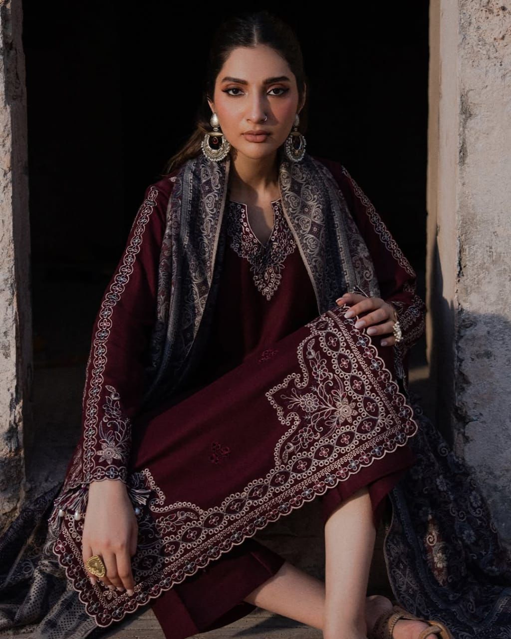 IZEL-3PC DHANAK EMBROIDERED SHIRT WITH COURTRAI PRINTED SHAWL AND TROUSER