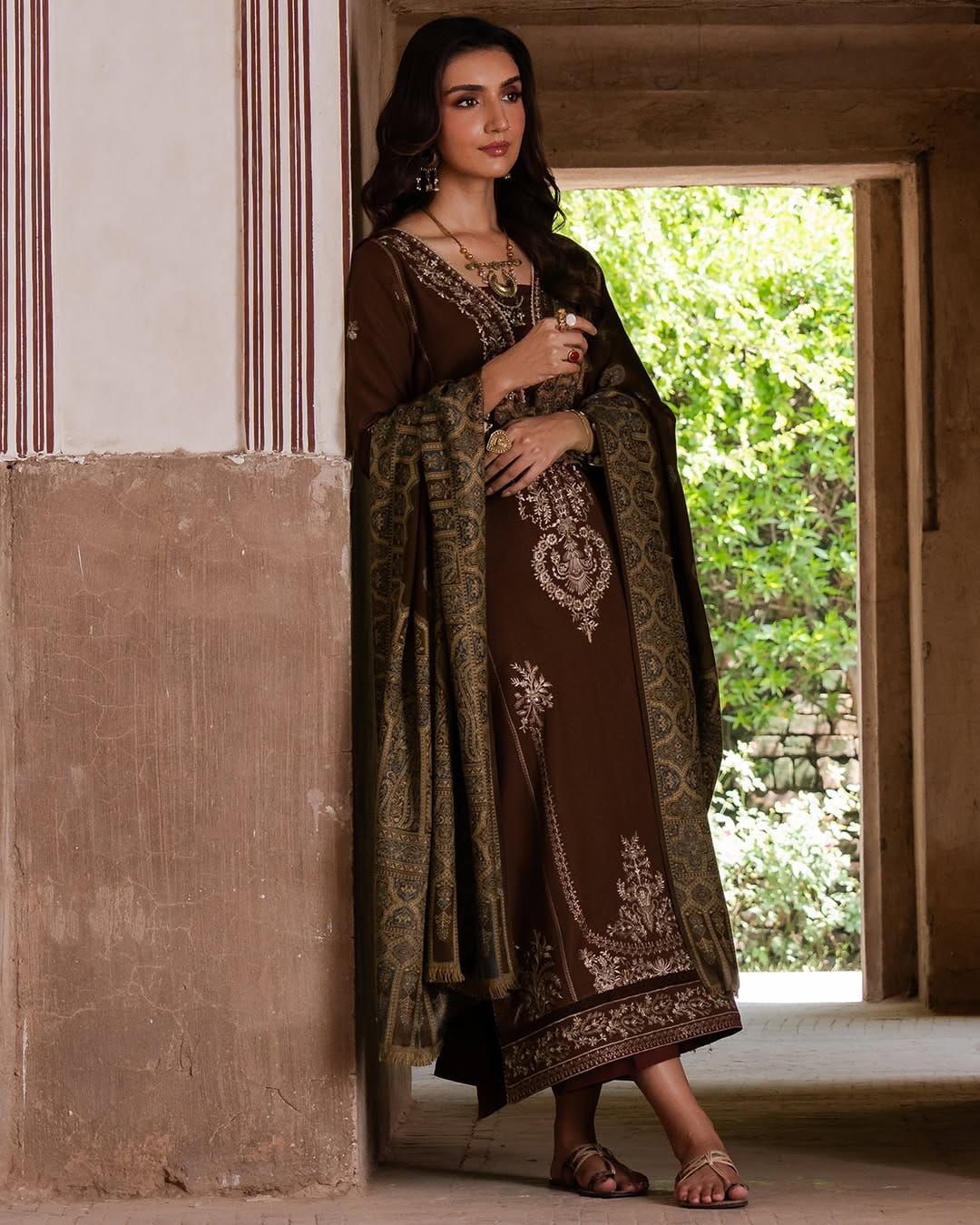 IZEL-3PC DHANAK EMBROIDERED SHIRT WITH COURTRAI PRINTED SHAWL AND TROUSER