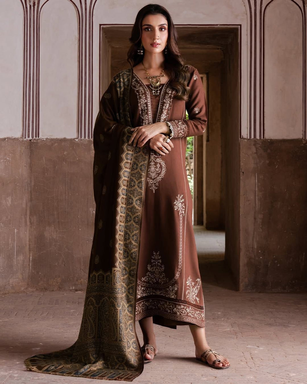 IZEL-3PC DHANAK EMBROIDERED SHIRT WITH COURTRAI PRINTED SHAWL AND TROUSER