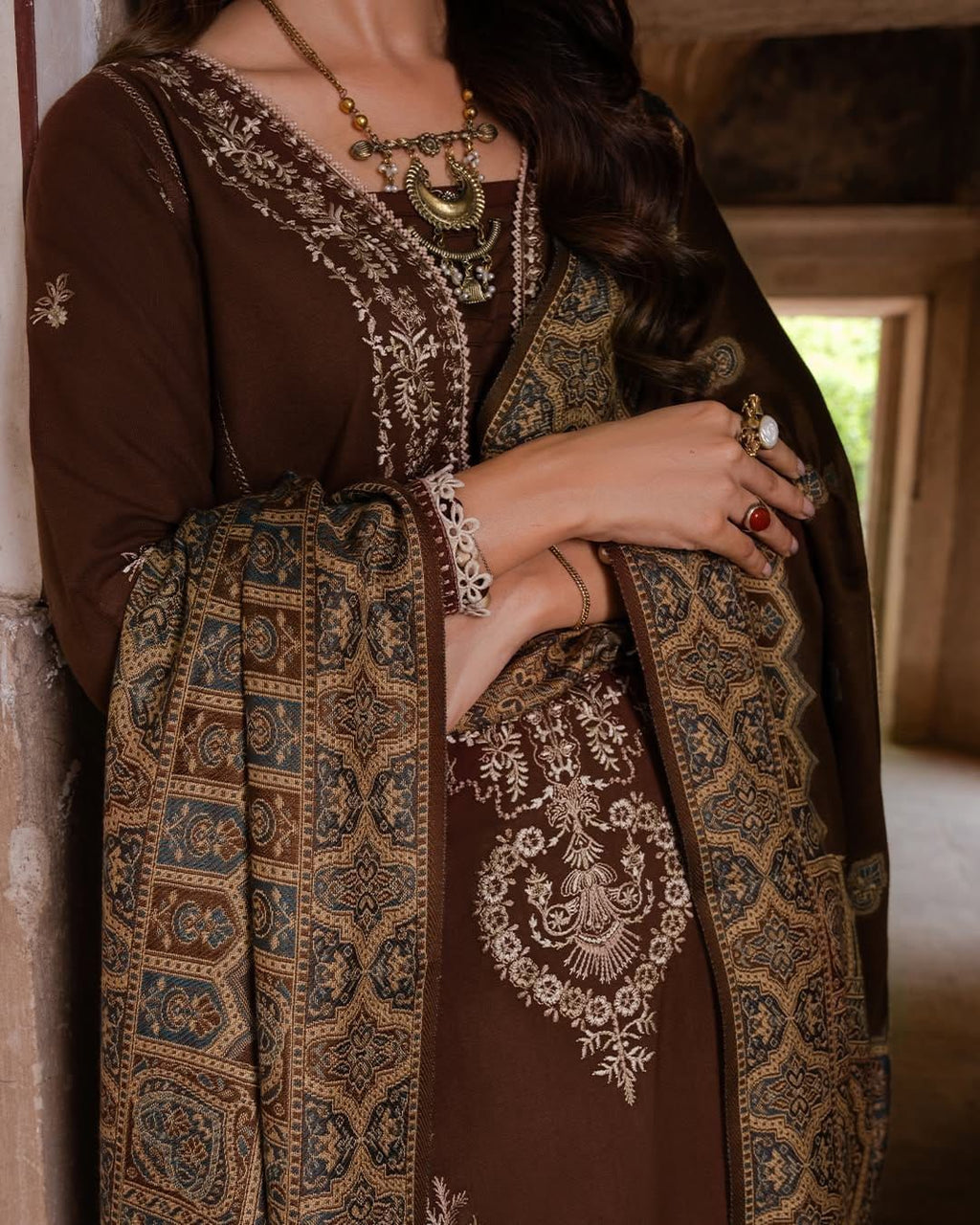 IZEL-3PC DHANAK EMBROIDERED SHIRT WITH COURTRAI PRINTED SHAWL AND TROUSER