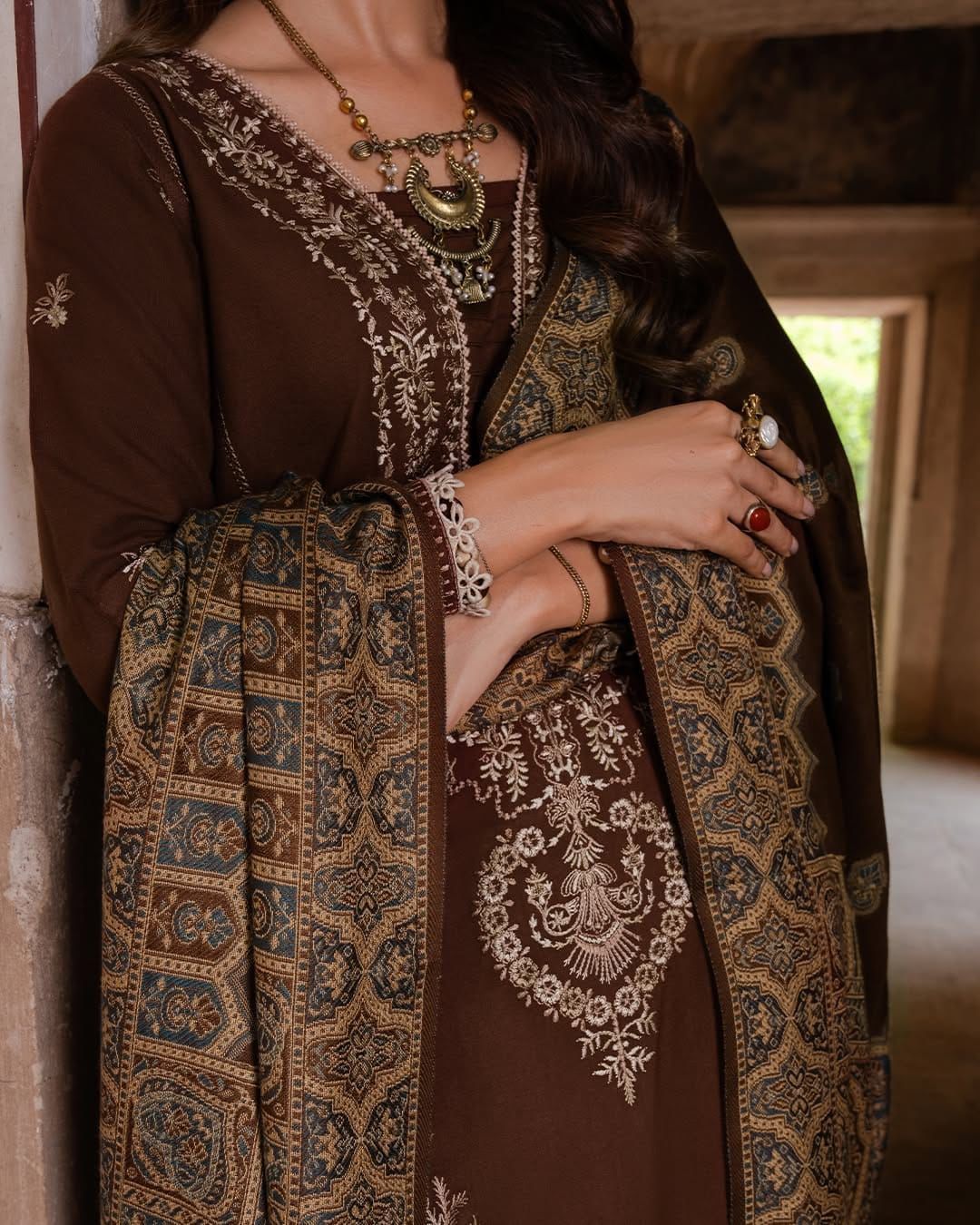 IZEL-3PC DHANAK EMBROIDERED SHIRT WITH COURTRAI PRINTED SHAWL AND TROUSER