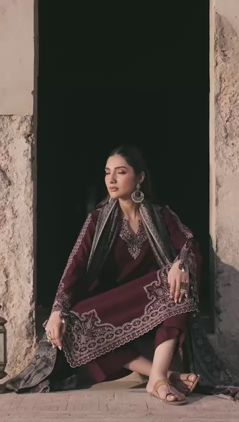 IZEL-3PC DHANAK EMBROIDERED SHIRT WITH COURTRAI PRINTED SHAWL AND TROUSER