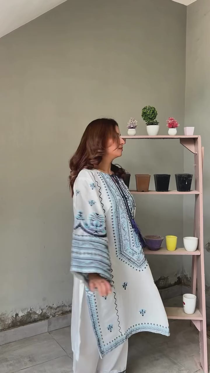 Jugnu By Hussain Rehar -3PC DHANAK EMBROIDERED SHIRT WITH PRINTED SHAWL AND TROUSER- RAWI