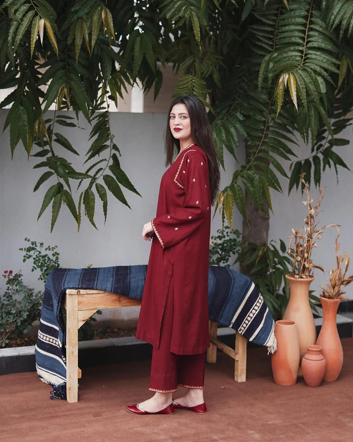 3 Piece - Unstitched Dhanak Stuff Full Embroidered Suit With Dhanak Embroidered Shawl.